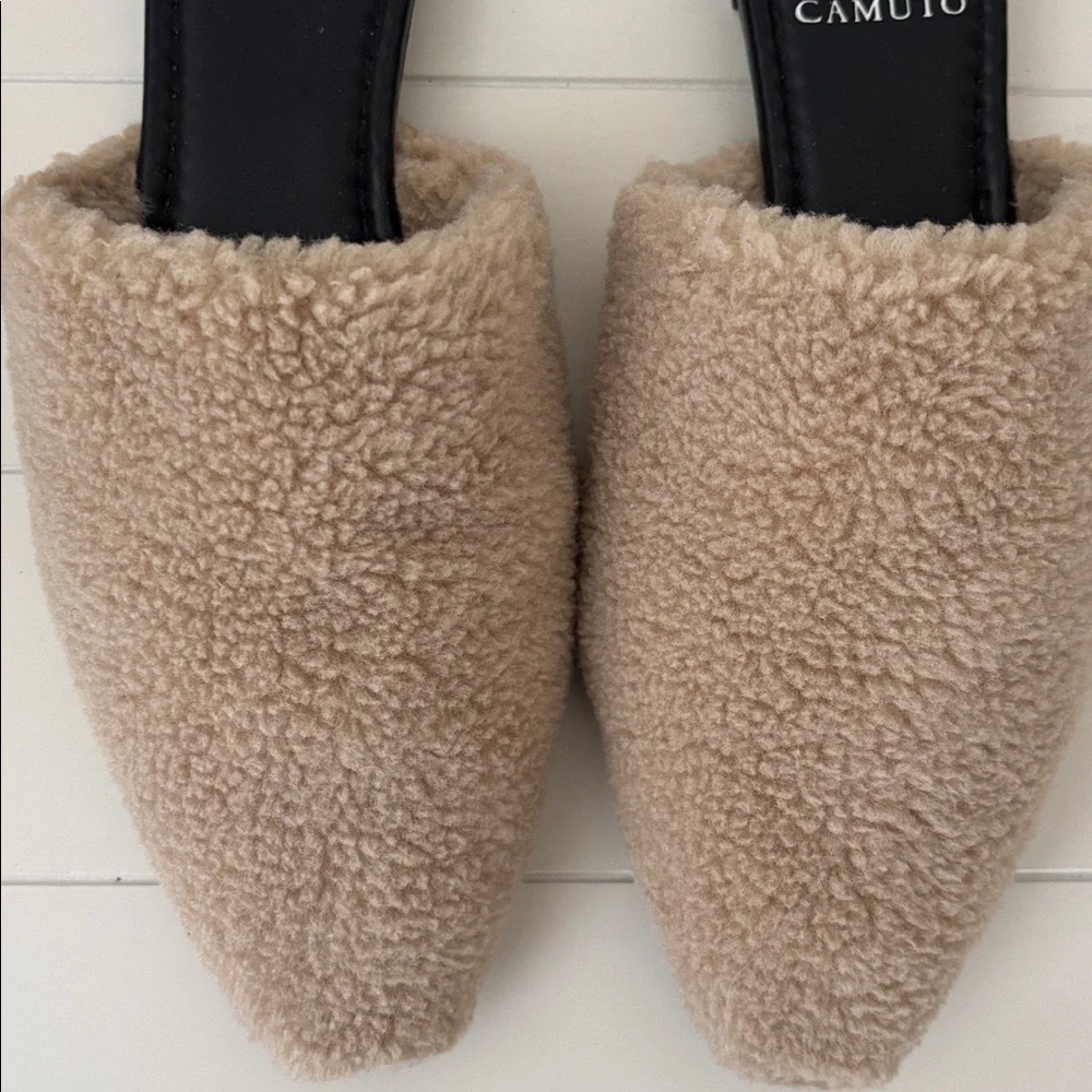 Vince Camuto Beige Faux Shearling Pointed Slip-On Mules - Picture 3 of 6
